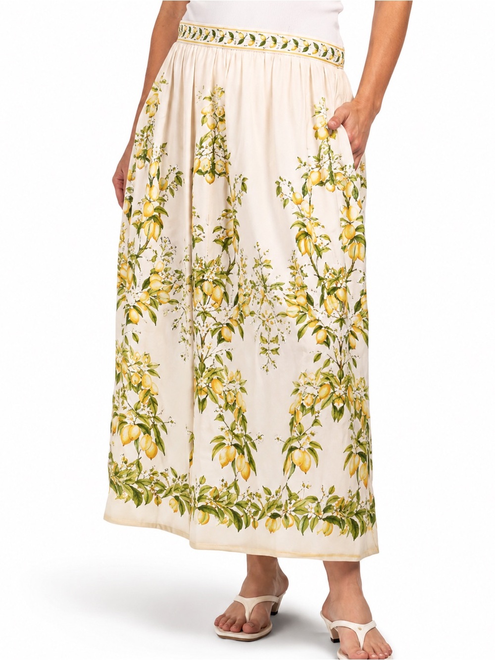Max Studio Lemon Print Linen Blend Maxi Skirt Size Medium